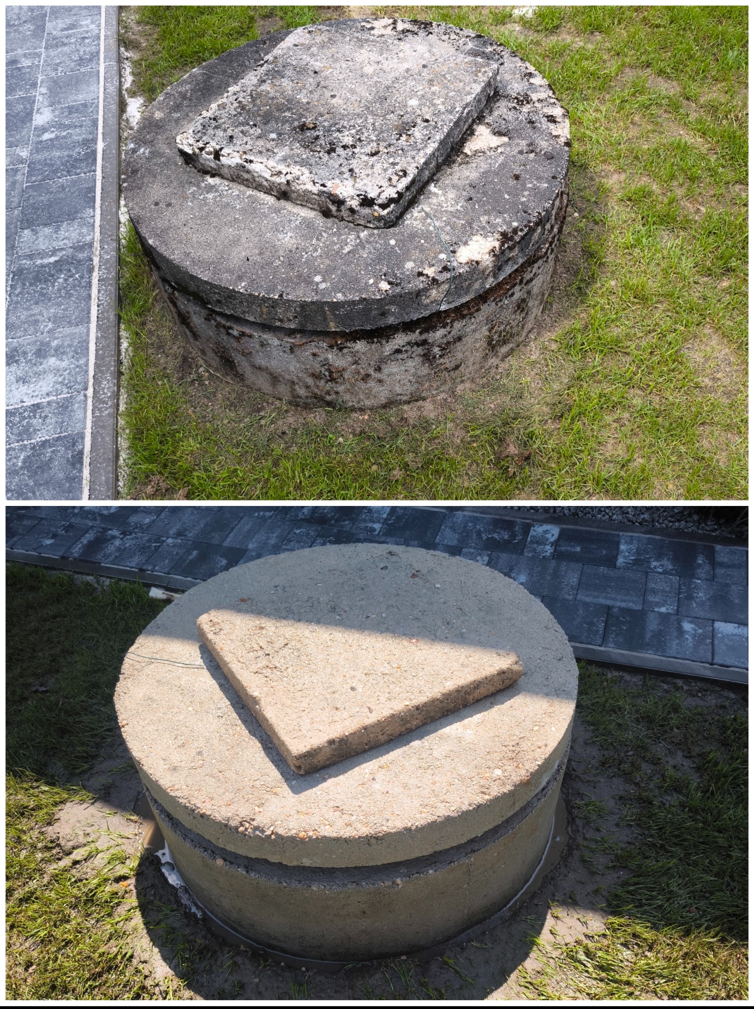 Studzienka betonowa przed i po czyszczeniu: widoczna różnica w kolorze i czystości betonu, otoczenie z kostki brukowej i trawy. Porównanie stanu przed i po.