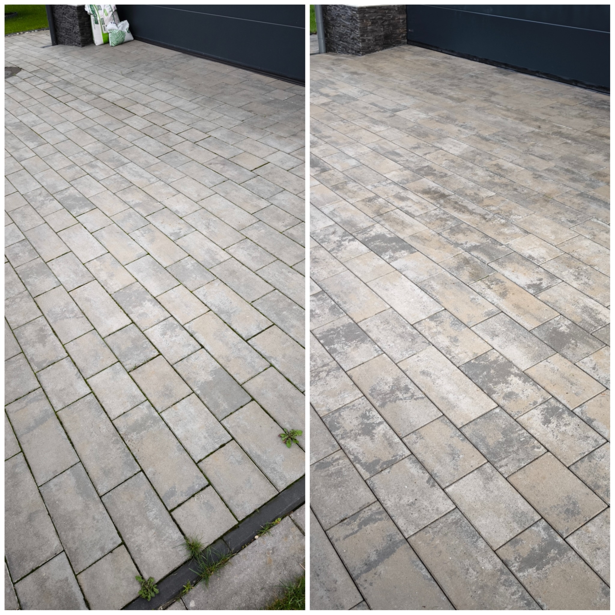 Efekt przed i po czyszczenia kostki brukowej: po lewej widoczna oczyszczona, szara kostka, po prawej zabrudzona, beżowa. W tle brama garażowa.