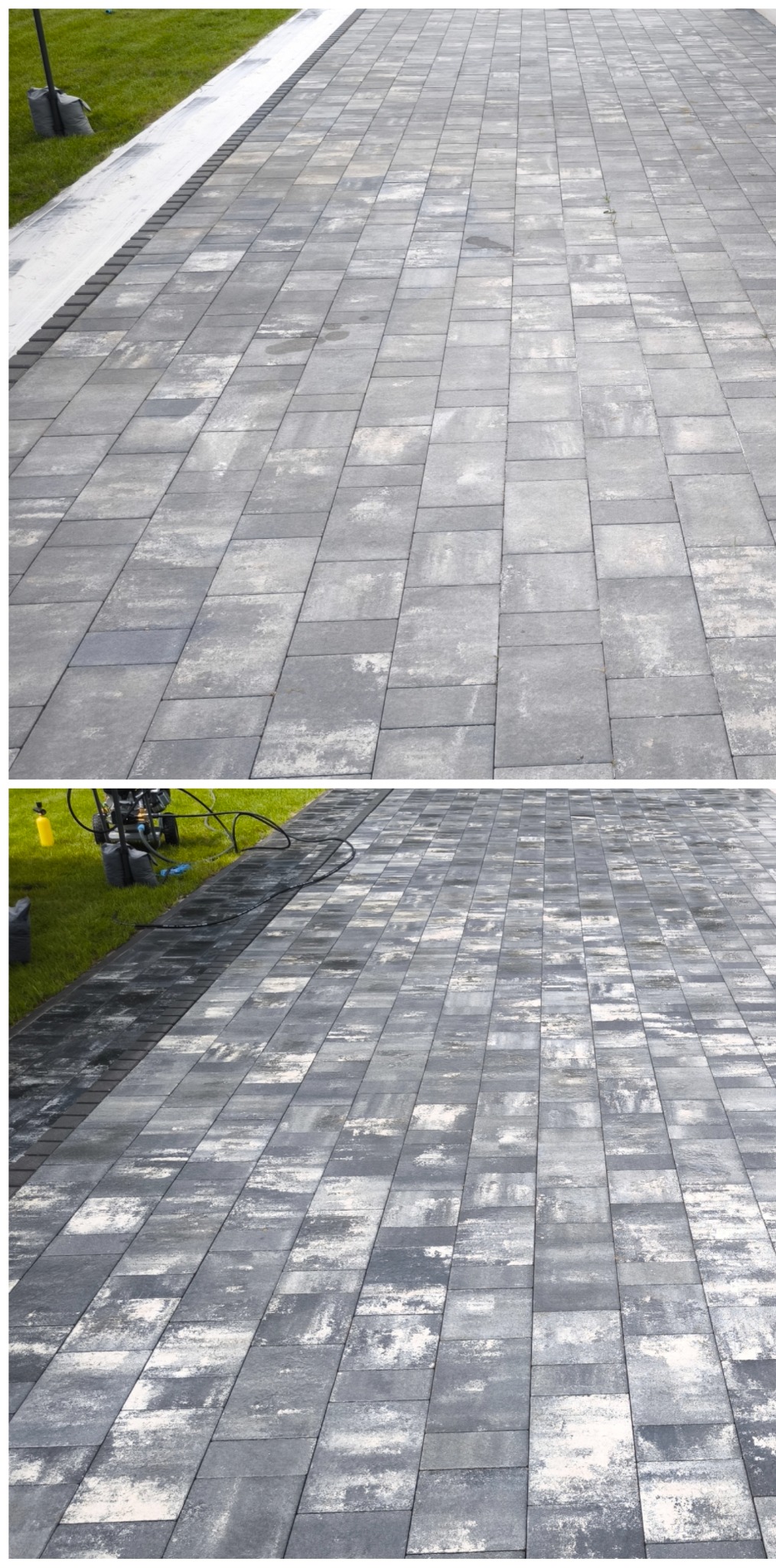 Dwuetapowe ujęcie kostki brukowej: górna część sucha, dolna mokra po czyszczeniu, z maszyną ciśnieniową na trawie obok. Widok z góry, perspektywa.