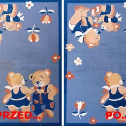 BOŻYGÓRSKI BRONISŁAW CZYSZCZENIE DYWANÓW I TAPICERKI - Dziecięcy dywan w misie: widok 'przed' z plamami i 'po' czyszczeniu, ukazujący odświeżone kolory i usunięte zabrudzenia. Efekt czyszczenia.