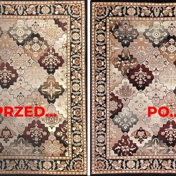BOŻYGÓRSKI BRONISŁAW CZYSZCZENIE DYWANÓW I TAPICERKI - Dywan w orientalnym stylu, ujęcie 'przed i po' czyszczeniu. Widoczne różnice w kolorach i odświeżony wzór po prawej stronie.