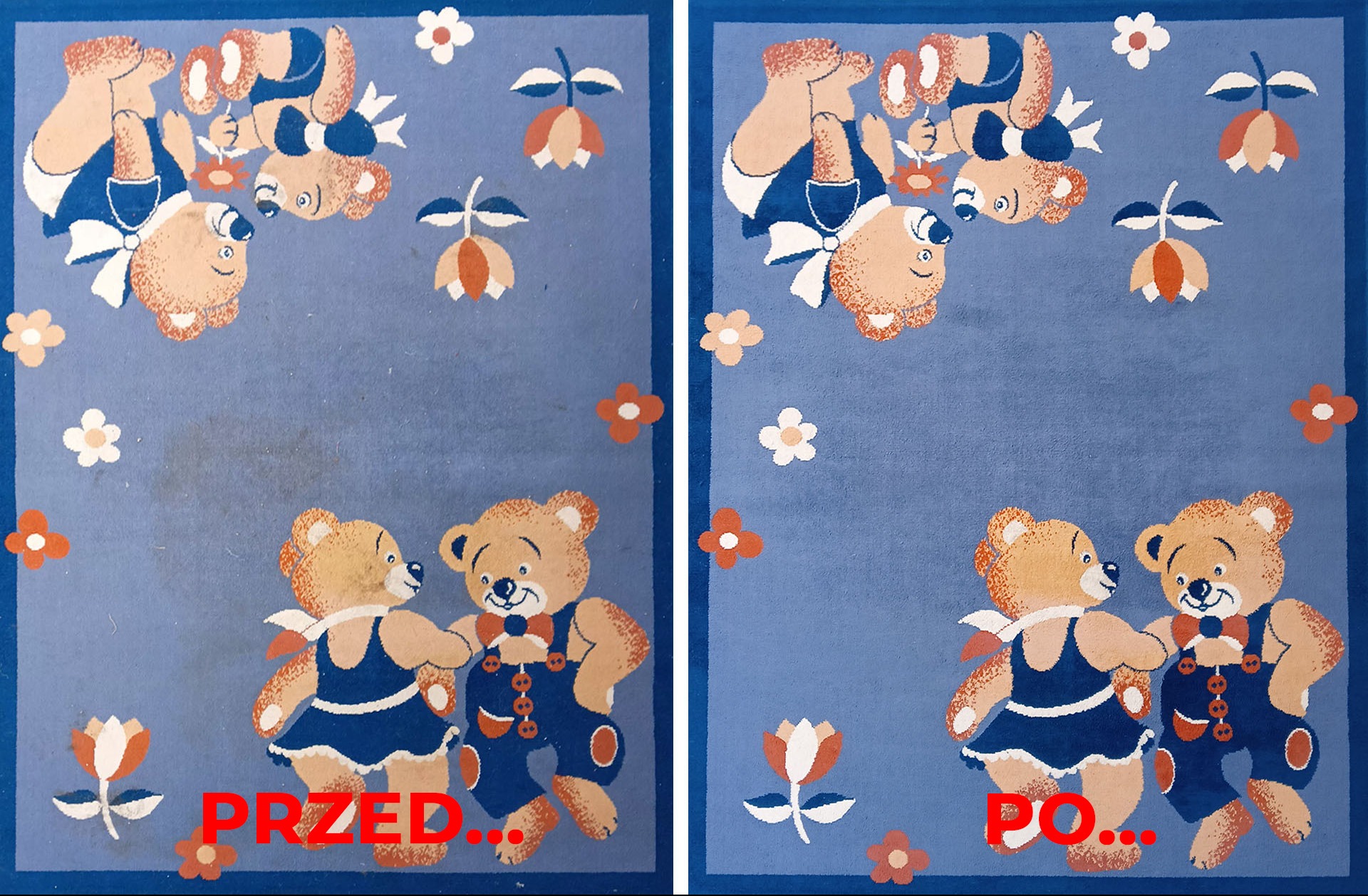 Dziecięcy dywan w misie: widok 'przed' z plamami i 'po' czyszczeniu, ukazujący odświeżone kolory i usunięte zabrudzenia. Efekt czyszczenia.