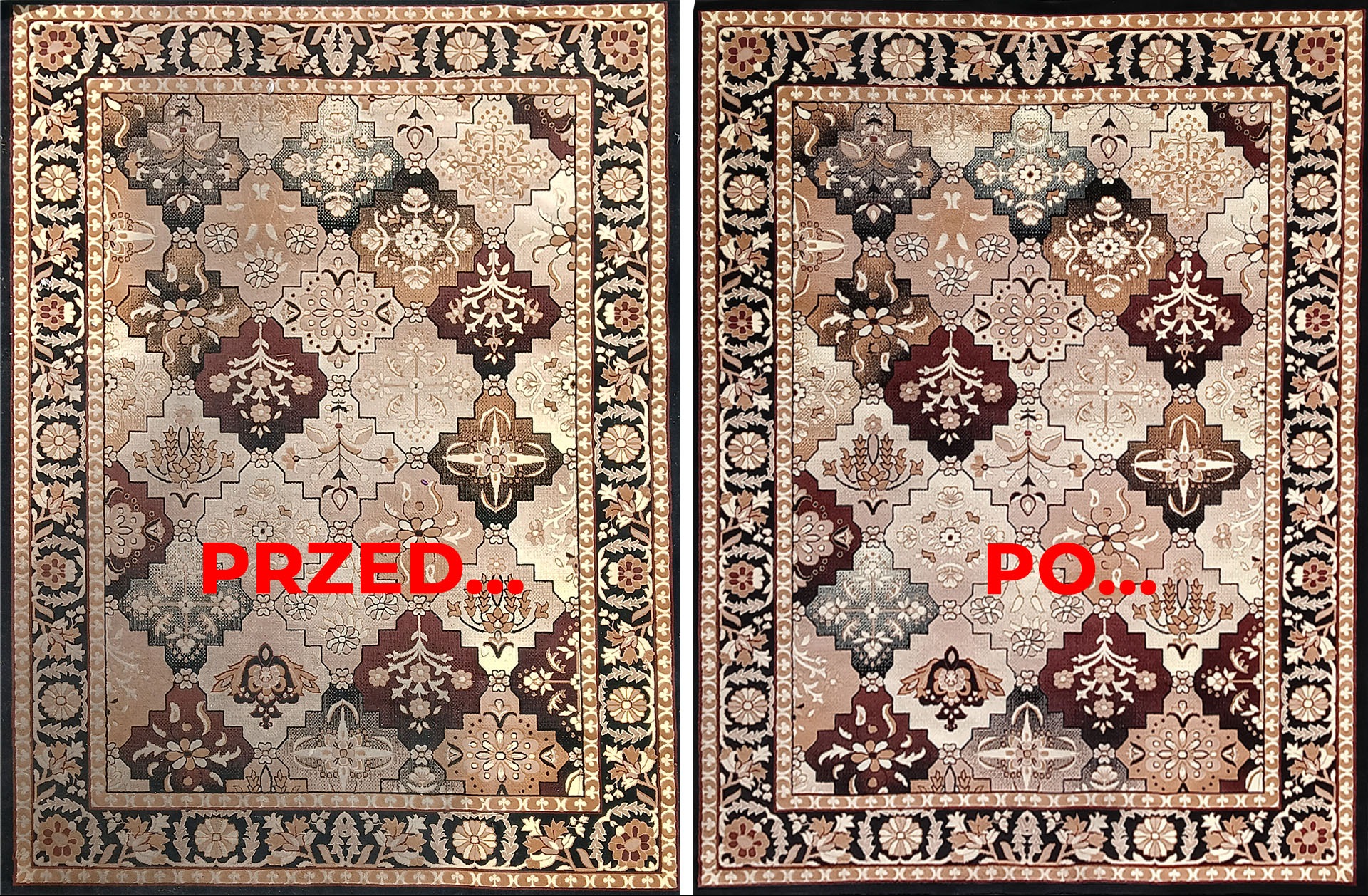 Dywan w orientalnym stylu, ujęcie 'przed i po' czyszczeniu. Widoczne różnice w kolorach i odświeżony wzór po prawej stronie.
