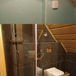 Roman Halets - Remont łazienki w drewnie: ujęcie przed i po. Na górze ściany z płyt gipsowych z instalacją, na dole kabina prysznicowa i toaleta w wykończonej łazience.