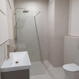 Roman Halets - Nowoczesna łazienka w odcieniach szarości z kabiną prysznicową typu walk-in, umywalką nablatową i minimalistyczną toaletą podwieszaną. Armatura w kolorze szczotkowanego złota.