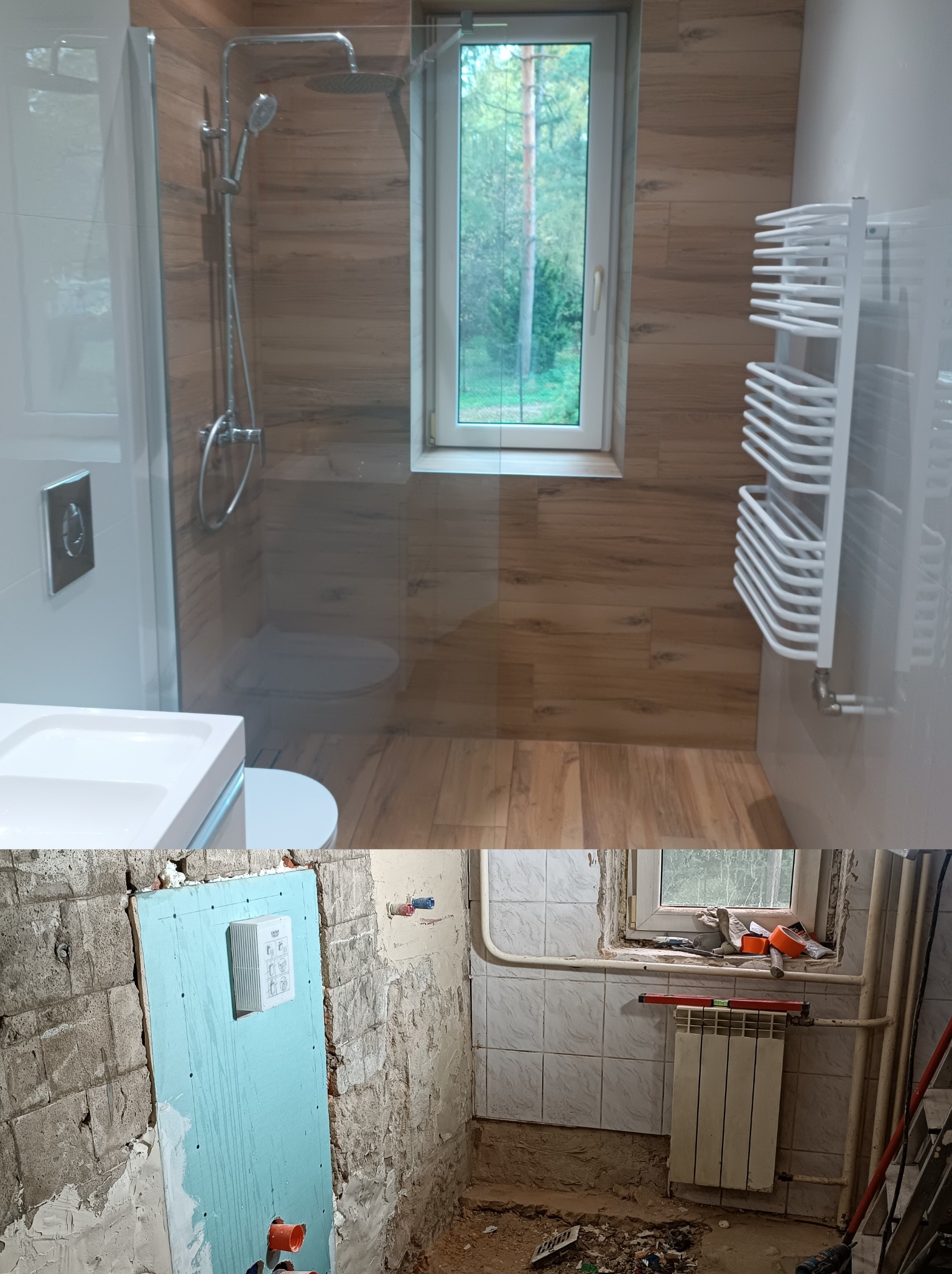 Zdjęcie łazienki po remoncie, z kabiną prysznicową, drewnopodobnymi płytkami i grzejnikiem drabinkowym, zestawione z widokiem łazienki przed remontem.