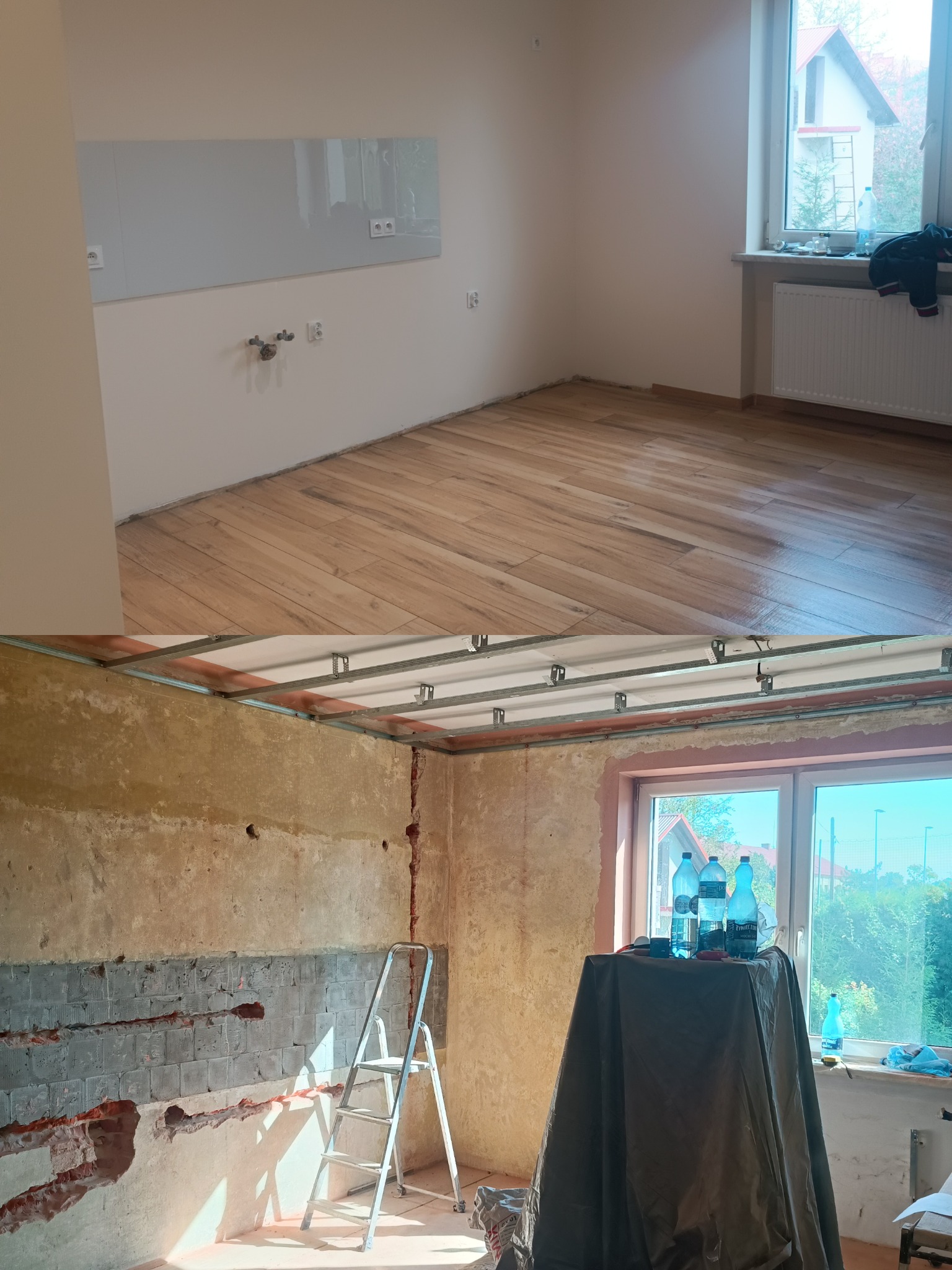 Zdjęcie 'przed i po' prezentujące remont pokoju: surowa ściana z instalacją i ułożone panele podłogowe kontra wykończone wnętrze z panelami, gładzią i oknem.