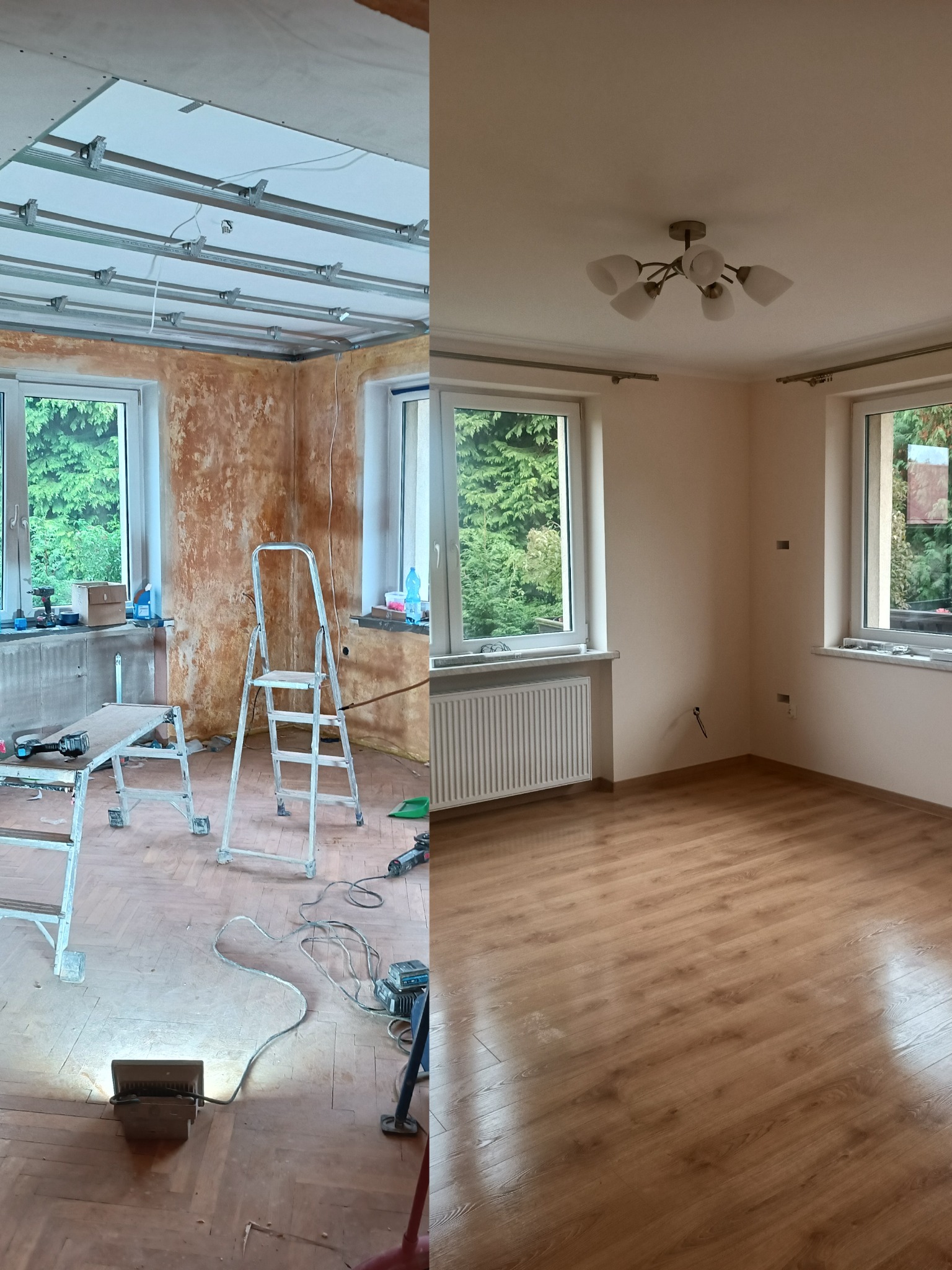 Zdjęcie 'przed i po' remontu pokoju: surowy stan z instalacją sufitową i wykończone wnętrze z parkietem, pomalowanymi ścianami i oświetleniem.