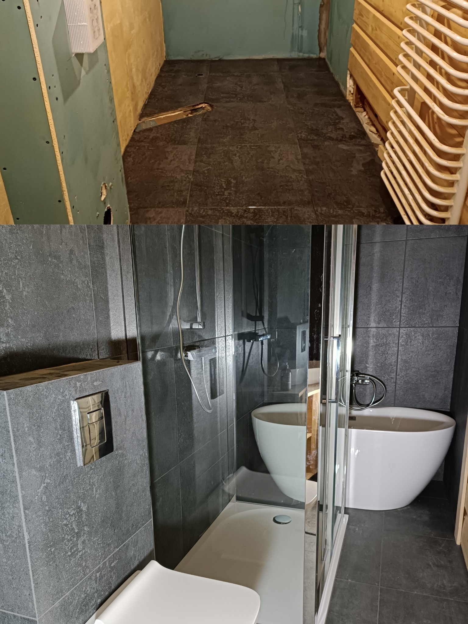 Remont łazienki: ułożone ciemne płytki podłogowe przed i po remoncie. Nowoczesna kabina prysznicowa i wanna wolnostojąca na tle szarych płytek ściennych.