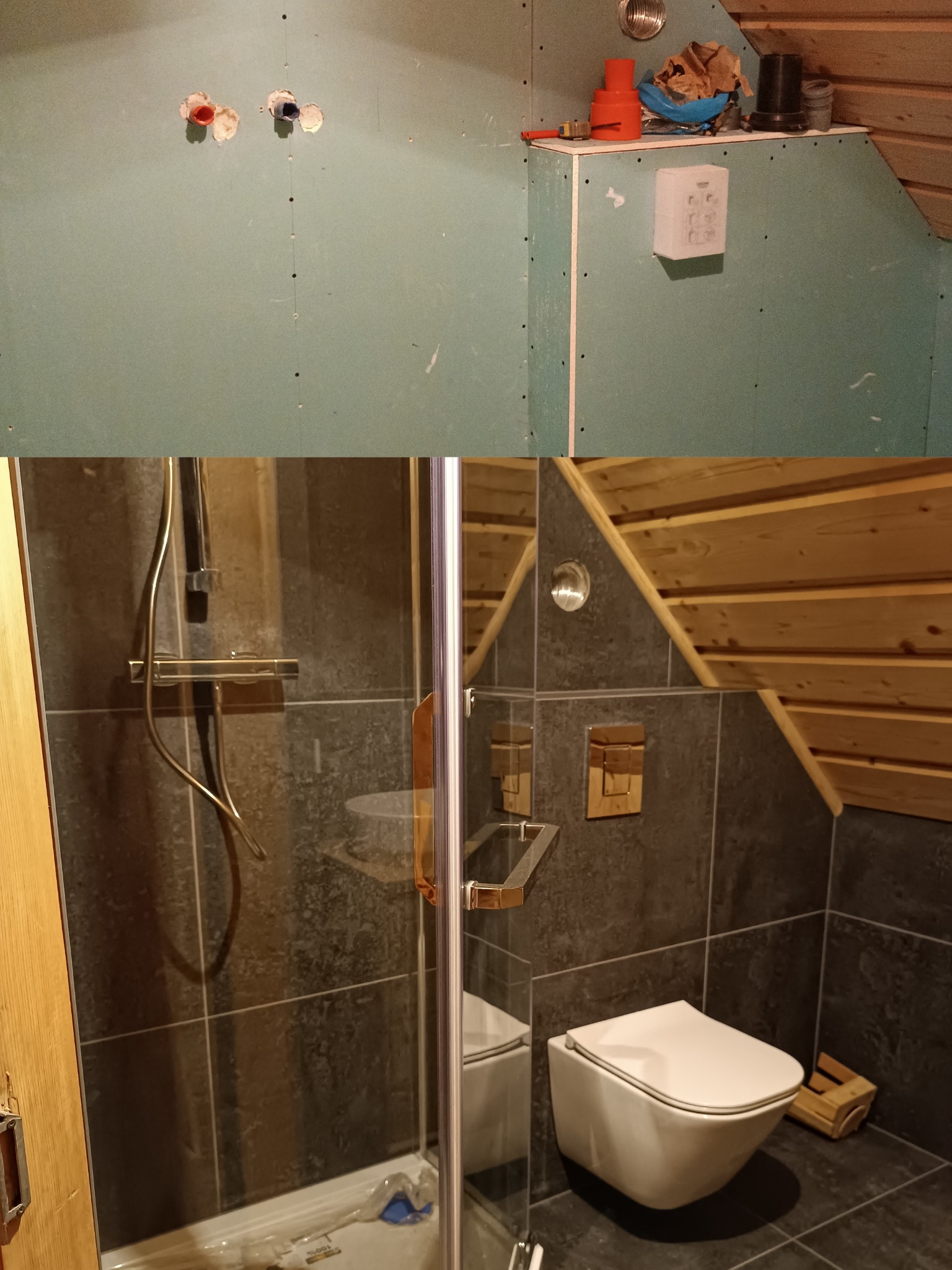 Remont łazienki w drewnie: ujęcie przed i po. Na górze ściany z płyt gipsowych z instalacją, na dole kabina prysznicowa i toaleta w wykończonej łazience.