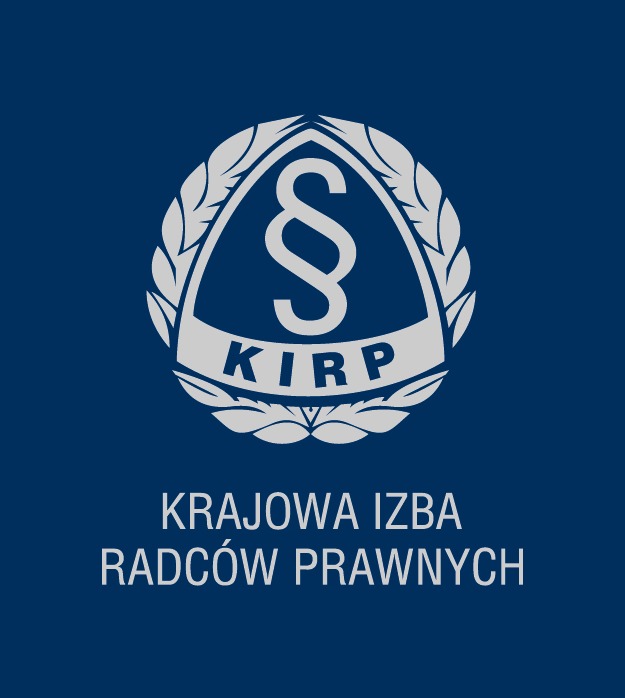 Grafika Krajowej Izby Radców Prawnych (KIRP) na granatowym tle, z symbolem paragrafu w wieńcu laurowym. Logo radców prawnych.
