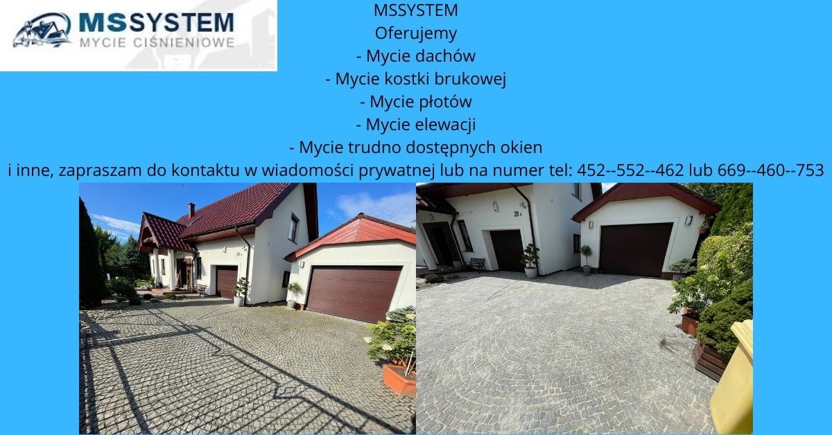 Porównanie stanu kostki brukowej przed i po czyszczeniu ciśnieniowym na posesji z budynkiem mieszkalnym i garażem. Widoczne różnice w kolorze i czystości.