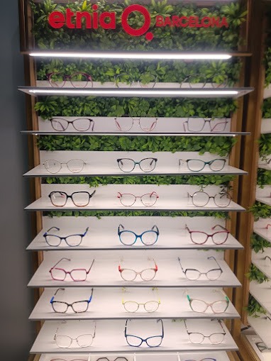 Regał z okularami marki Etnia Barcelona, z roślinnym tłem. Różne modele i kolory oprawek na białych półkach z oświetleniem LED.