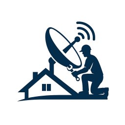 Mistrzowie - Montaż anteny satelitarnej na dachu domu przez serwisanta z kluczem w Kędzierzynie-Koźlu. Grafika wektorowa w odcieniach niebieskiego, przedstawia schematyczną instalację.