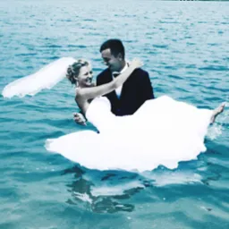 Uśmiechnięta para młoda w wodzie: panna młoda w objęciach pana młodego, woda pryska spod stopy. Nietypowa sesja ślubna w plenerze, jasne, chłodne barwy.