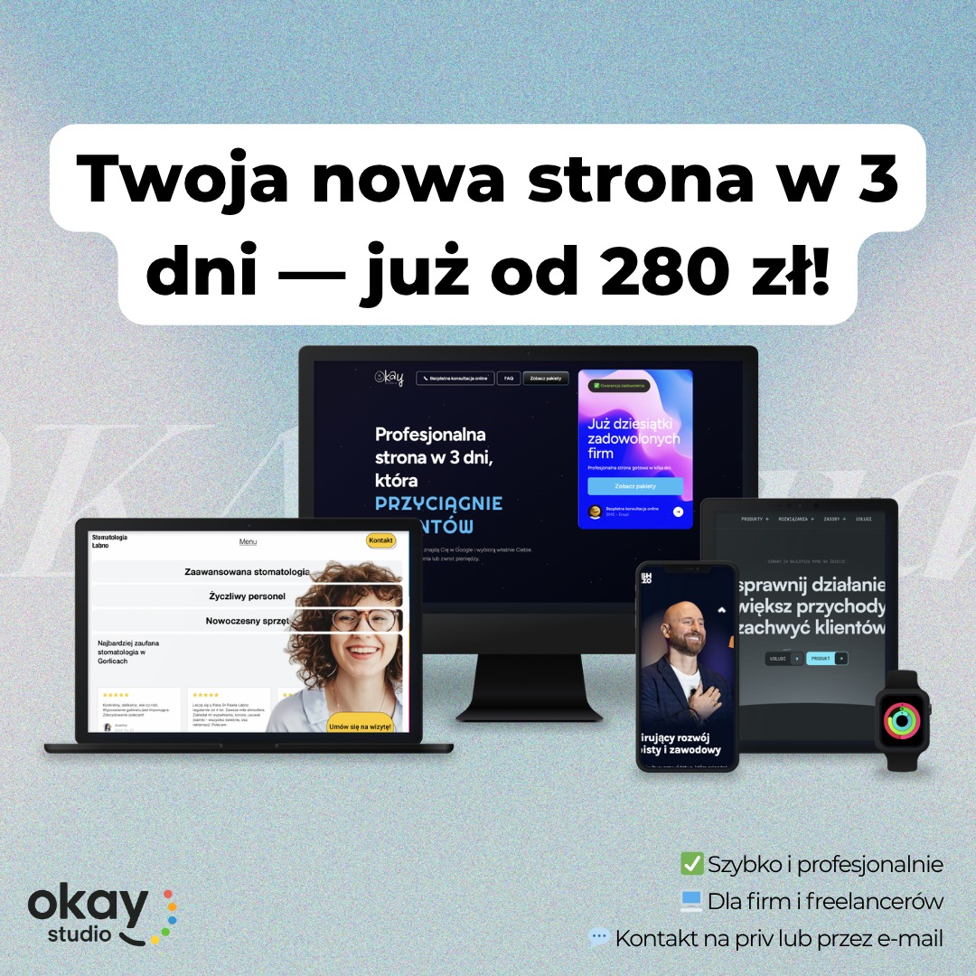Profesjonalne strony internetowe w 3 dni w Warszawie! Prezentacja na laptopie, tablecie i smartfonie. Szybko i dla firm, kontakt e-mail.