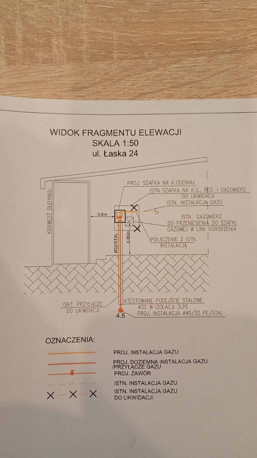 Schemat instalacji gazowej: widok fragmentu elewacji w skali 1:50, ul. Łaska 24. Oznaczenia: projektowana i istniejąca instalacja, przyłącze, gazomierz, szafka.
