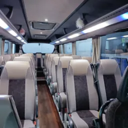 Wnętrze autobusu z rzędami foteli w odcieniach szarości i brązu. Drewnopodobna podłoga, oświetlenie LED i zasłony w oknach. Widok z perspektywy pasażera.