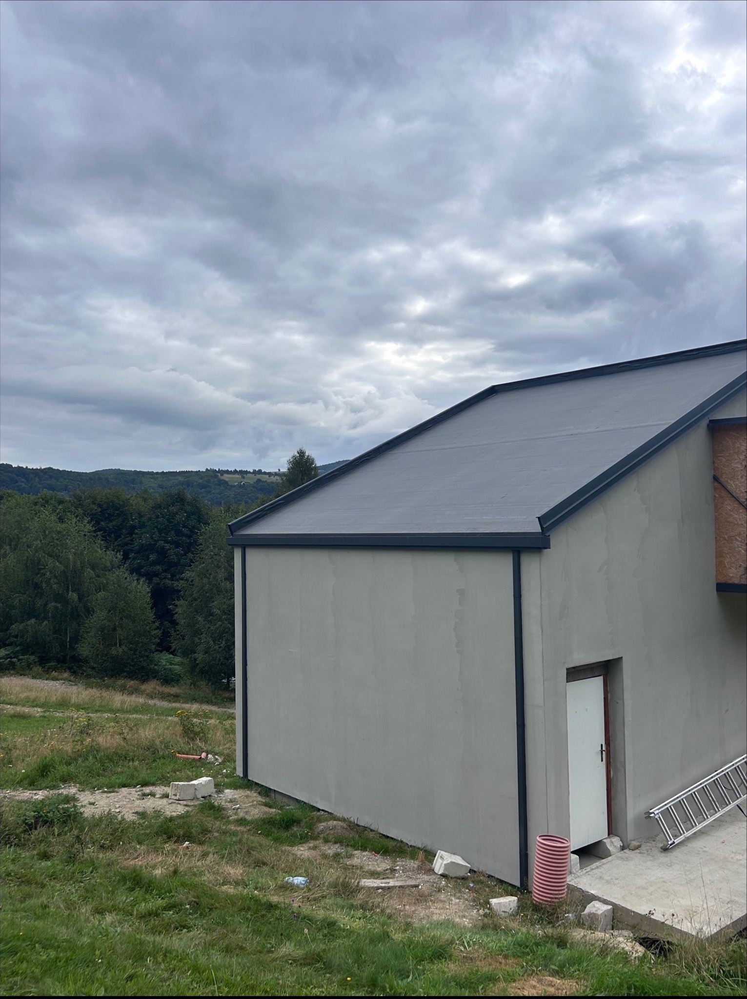 Surowy budynek z szarą elewacją i dachem na tle zieleni i pochmurnego nieba. Widoczna drabina, drzwi i fragment instalacji. Budynek w trakcie wykończenia.