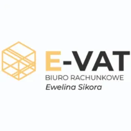Logo firmy E-VAT Biuro Rachunkowe Ewelina Sikora. Geometryczny symbol sześcianu z liniami w kolorze złotym. Obok nazwa firmy. Minimalistyczny design.