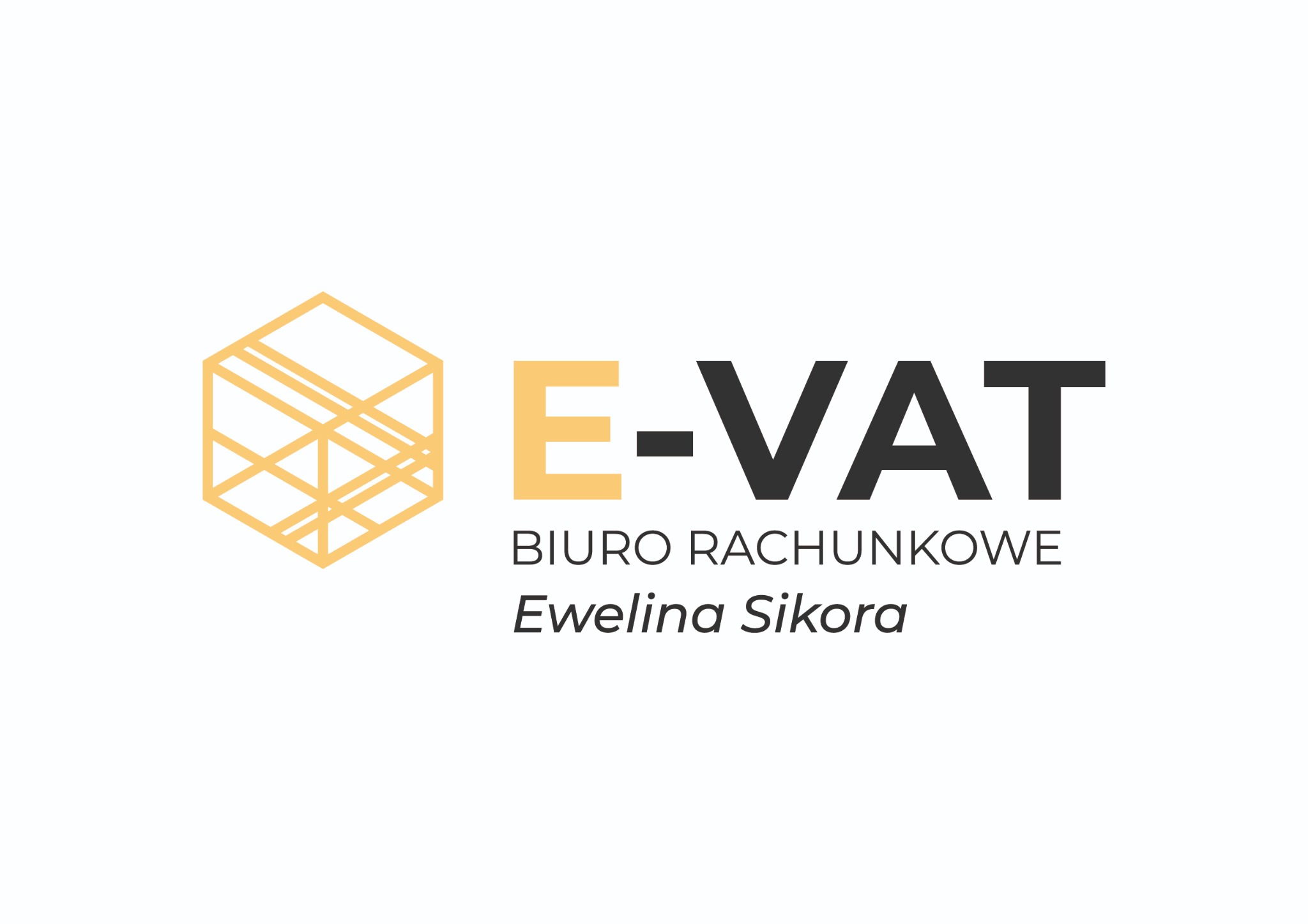 Logo firmy E-VAT Biuro Rachunkowe Ewelina Sikora. Geometryczny symbol sześcianu z liniami w kolorze złotym. Obok nazwa firmy. Minimalistyczny design.