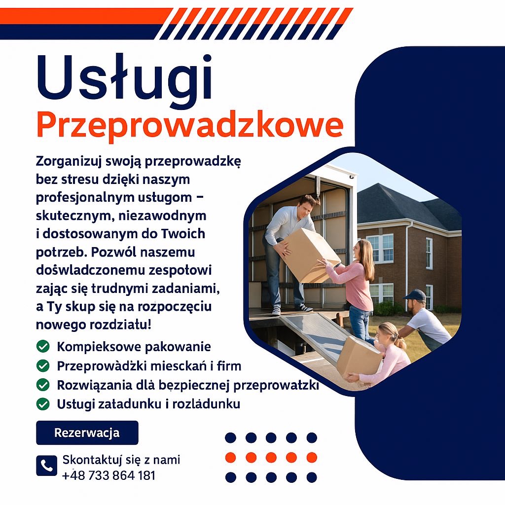 Usługi przeprowadzkowe: rodzina przenosi kartony z dobytkiem z domu do białego busa. Zorganizuj przeprowadzkę bez stresu. Kompleksowe pakowanie.