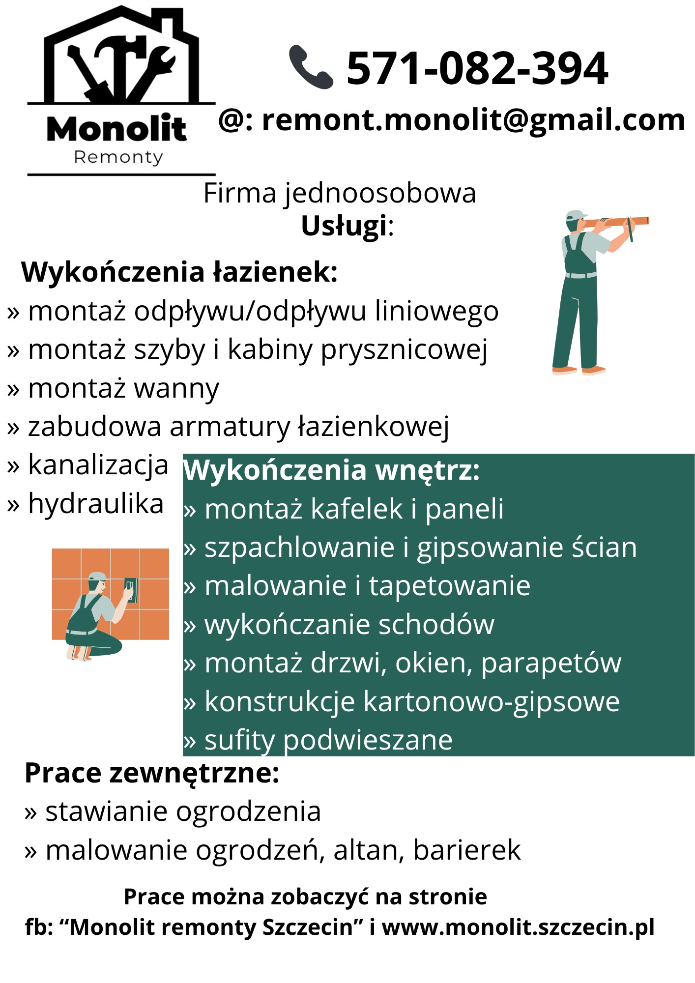 Grafika reklamowa firmy remontowej Monolit z Szczecina. Oferta obejmuje wykończenia łazienek, wnętrz i prace zewnętrzne, numer telefonu i adres e-mail.