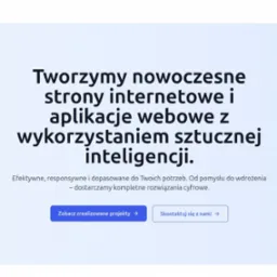 Nowoczesny design strony internetowej z logo firmy Enigo w lewym górnym rogu. Strona oferuje tworzenie stron i aplikacji webowych z AI.