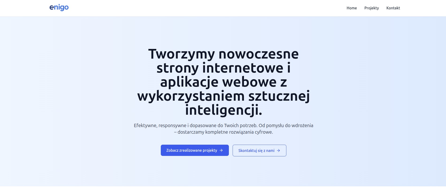 Nowoczesny design strony internetowej z logo firmy Enigo w lewym górnym rogu. Strona oferuje tworzenie stron i aplikacji webowych z AI.
