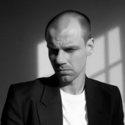 Czarno-biały portret mężczyzny w marynarce, z poważnym wyrazem twarzy, oświetlonego promieniami słońca padającymi przez okno.