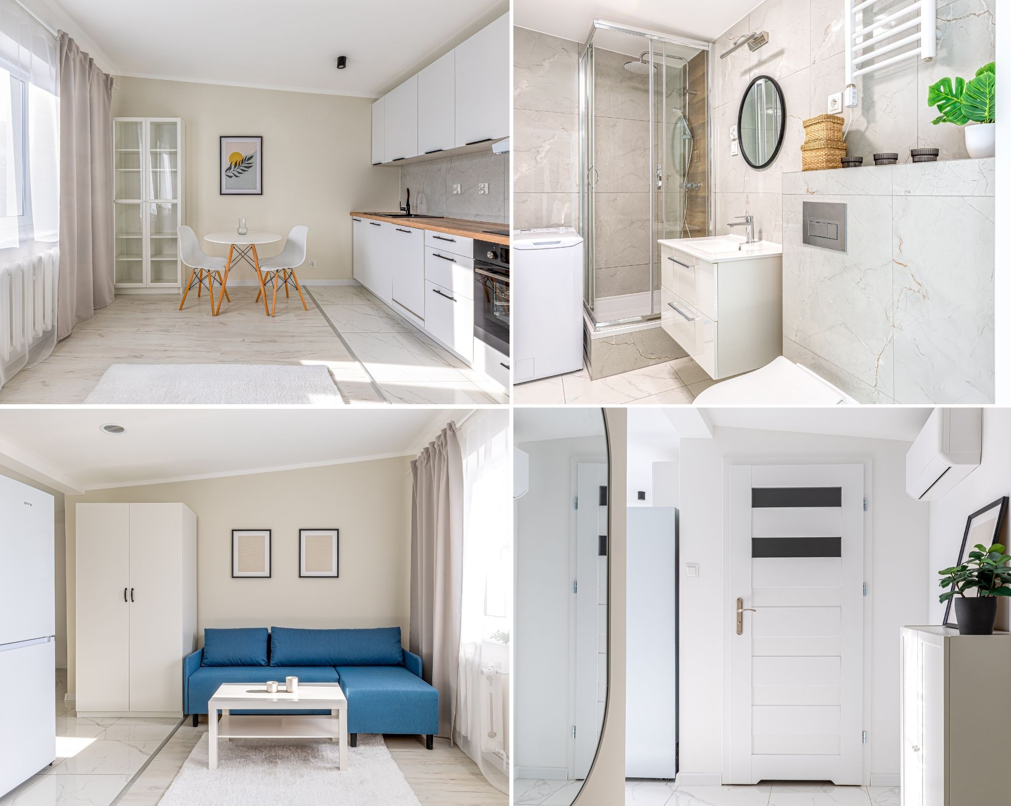 Kolaż czterech kadrów z jasnego mieszkania: kuchnia z jadalnią, łazienka z kabiną, salon z niebieską sofą i przedpokój z lustrem i rośliną doniczkową.