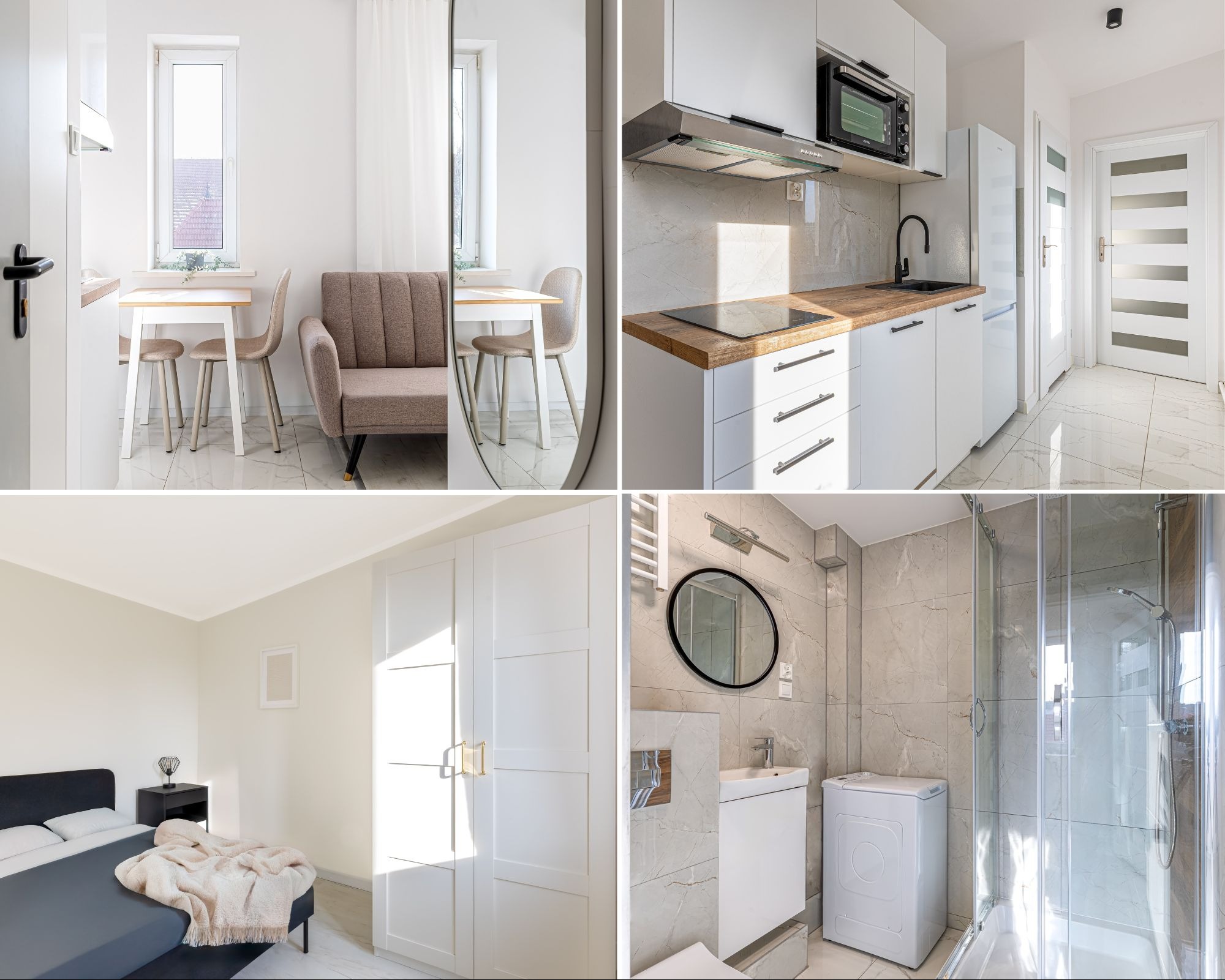 Kolaż czterech kadrów: salon z jadalnią, kuchnia, sypialnia i łazienka. Nowoczesne wnętrza w Szczecinie, jasne kolory, marmurowe płytki, drewniane akcenty.