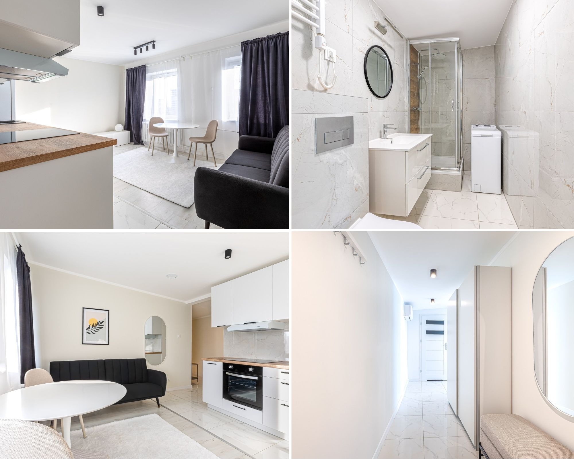 Kolaż czterech kadrów z jasnego mieszkania: salon z aneksem kuchennym, łazienka z kabiną prysznicową i korytarz z lustrem. Minimalistyczny wystrój, jasne kolory, nowoczesne oświetlenie.