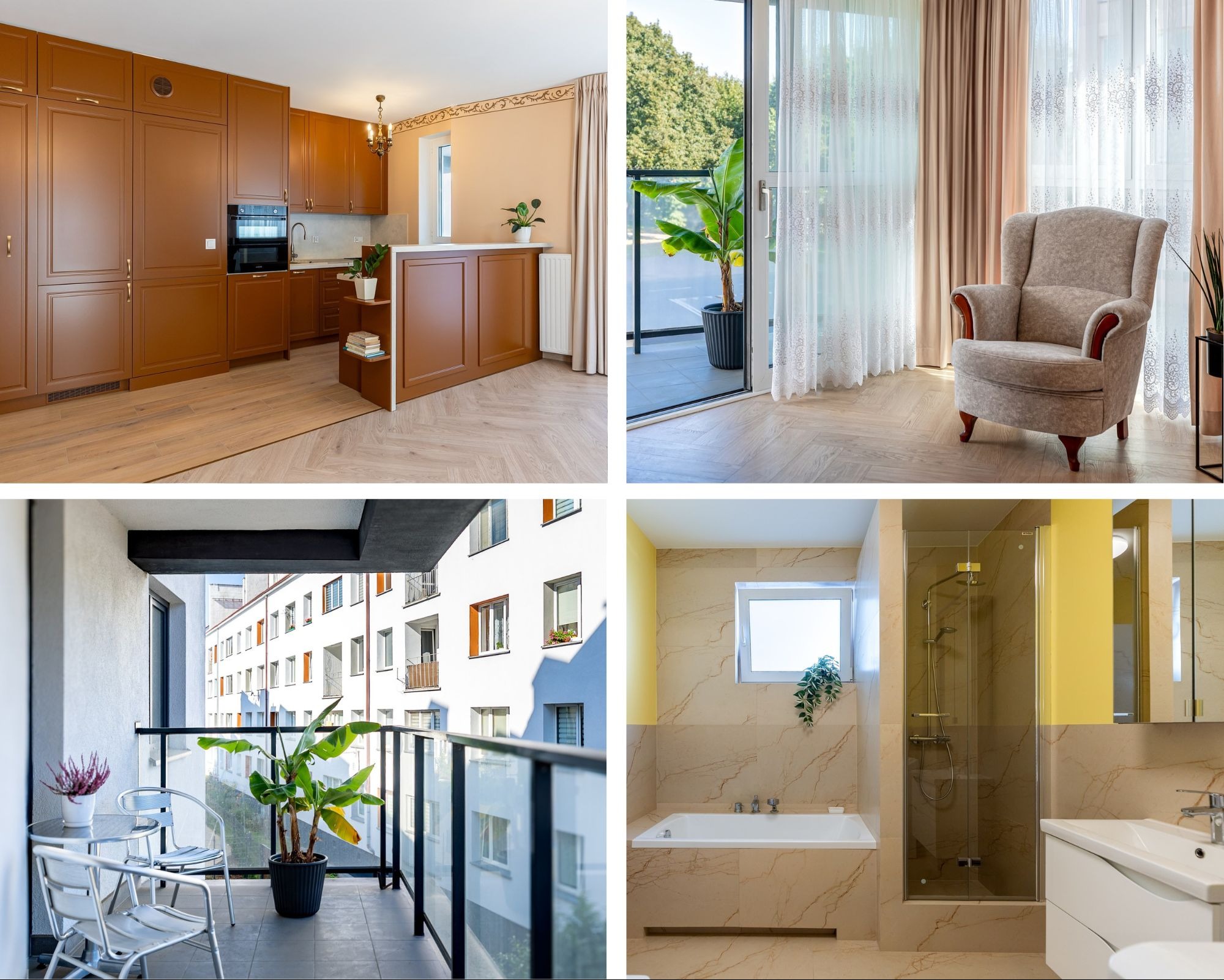 Kompozycja czterech kadrów: kuchnia z brązowymi szafkami, fotel w pokoju z balkonem, balkon z roślinami i krzesłami, łazienka w beżach z kabiną prysznicową.