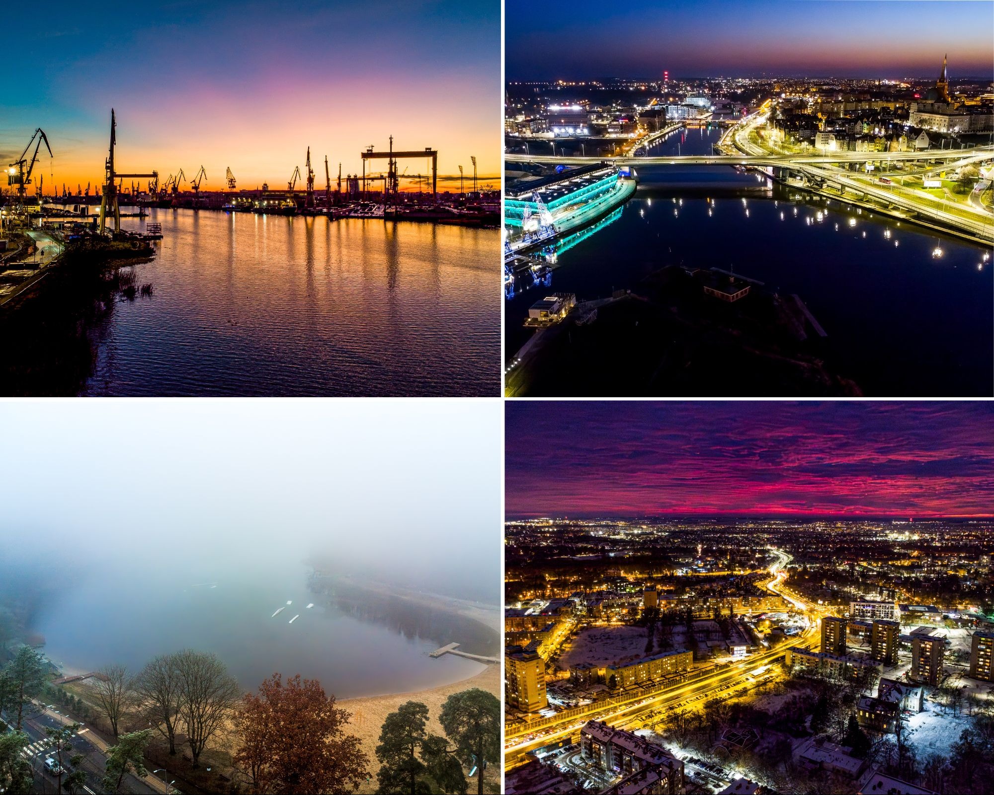 Cztery kadry z drona: port z dźwigami o zmierzchu, nocne miasto z rzeką i mostami, zamglone jezioro z plażą oraz zimowy krajobraz miejski oświetlony nocą.