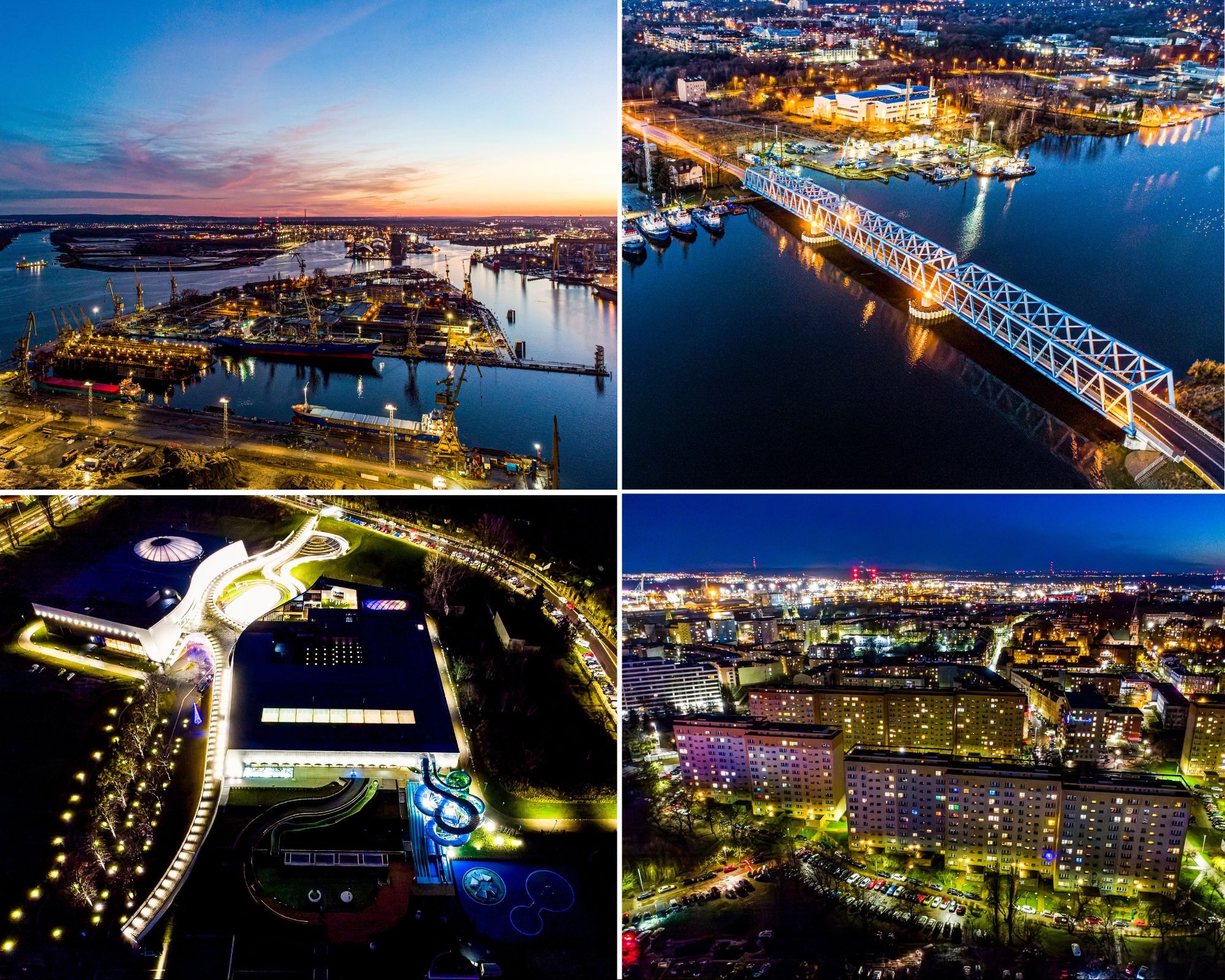 Mozaika zdjęć nocnych krajobrazów miejskich: port, most, park wodny i osiedle z lotu ptaka, oświetlone światłami. Ujęcie z drona.