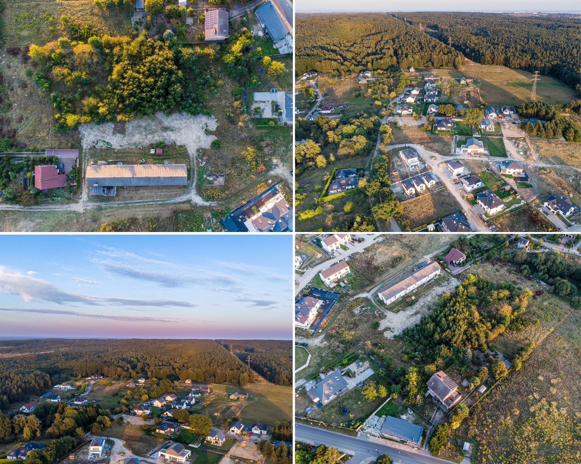 Mozaika z czterech ujęć z drona prezentująca krajobraz podmiejski z domami, lasami i polami w ciepłym świetle zachodzącego słońca. Widok z lotu ptaka.