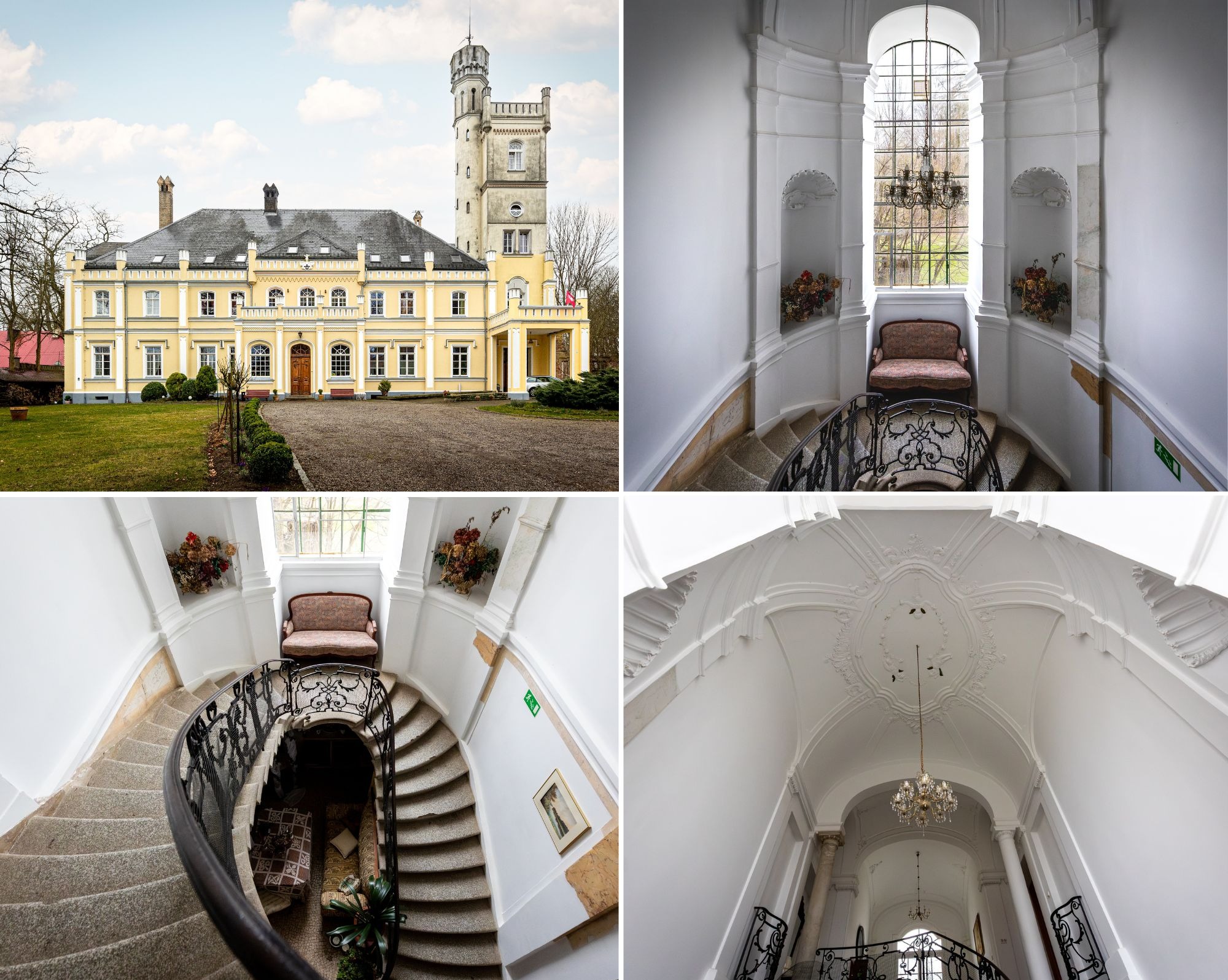 Eleganckie wnętrze: Zamek z żółtą fasadą, kręte schody z kutą balustradą, zdobiony sufit z żyrandolem. Fotografia architektury pałacowej.