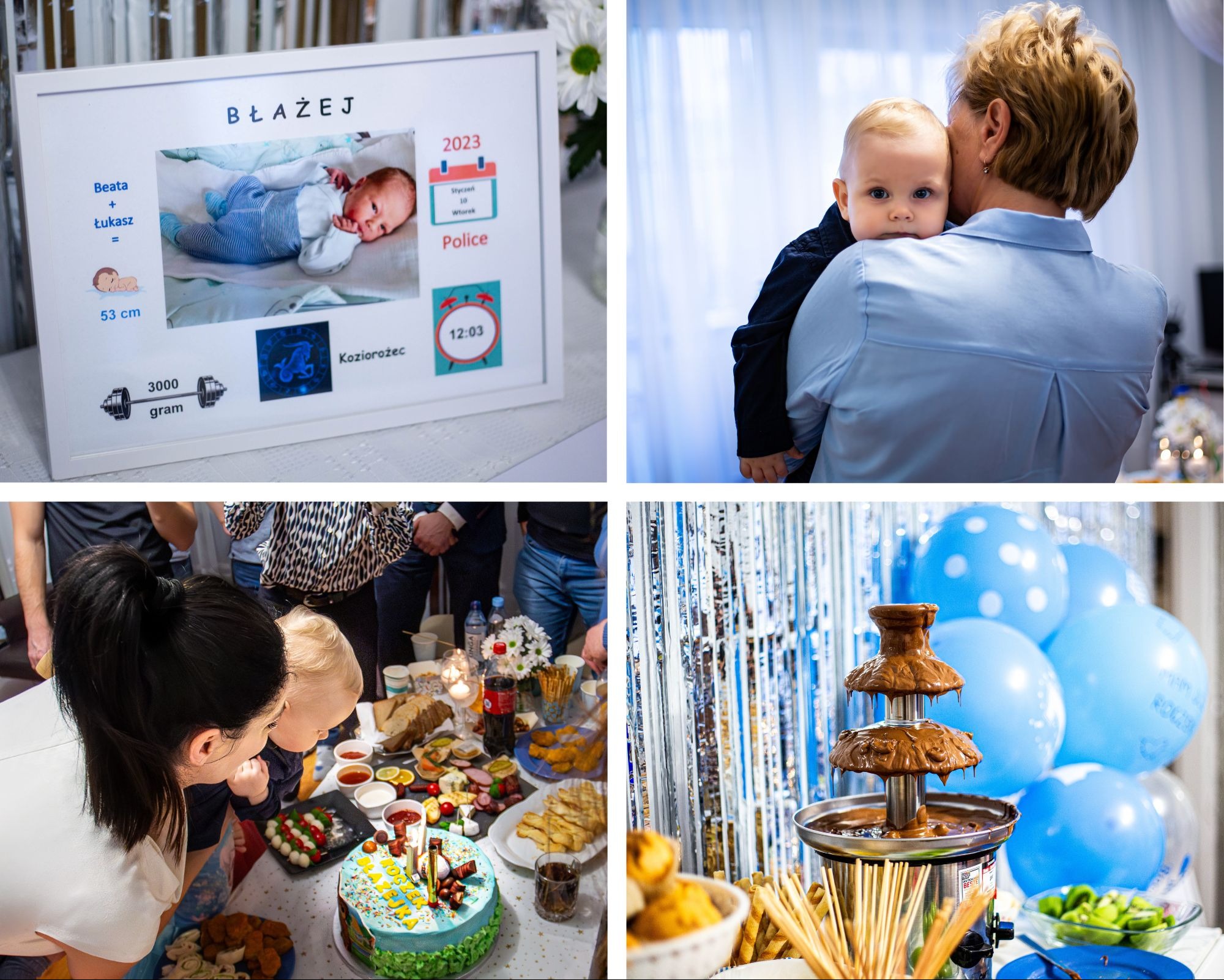 Kolaż z przyjęcia urodzinowego Błażeja: ramka ze zdjęciem noworodka, mama z dzieckiem, tort i fontanna czekoladowa, balony. Fotografia reportażowa z uroczystości.
