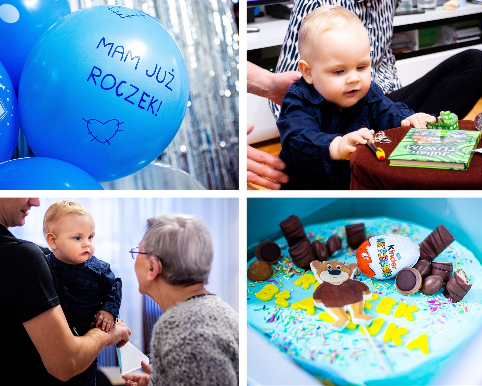 Kolaż z urodzin rocznego dziecka: balony z napisem, chłopiec z książką, dziecko na rękach i tort z dekoracjami, uchwycony w reportażowym stylu.