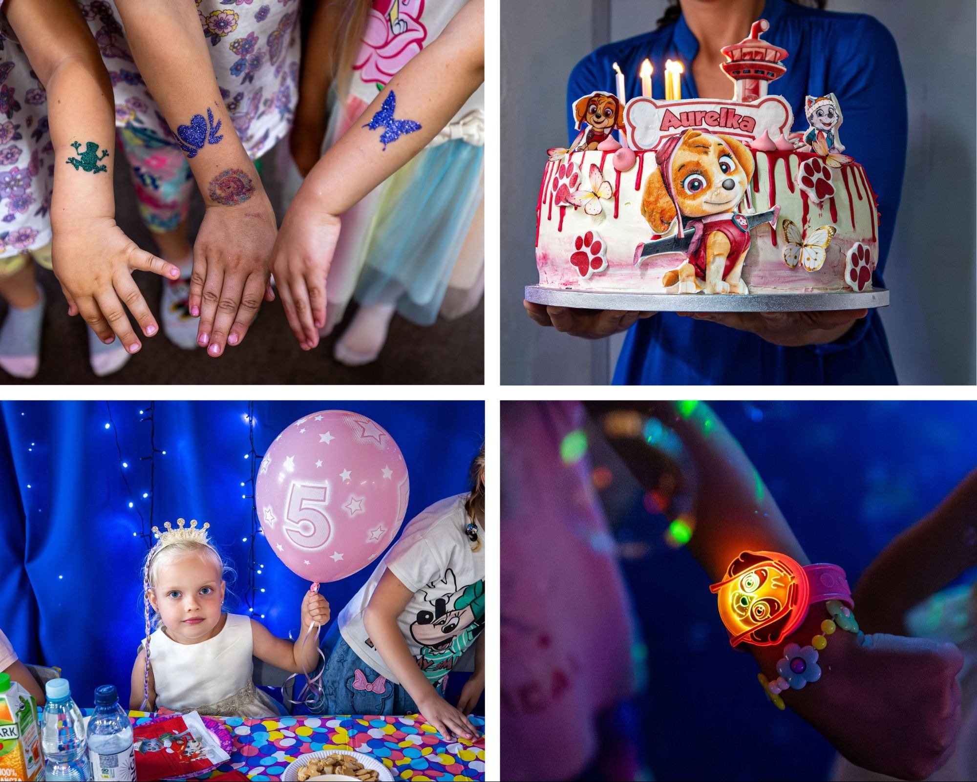 Cztery kadry z urodzinowego przyjęcia: tatuaże brokatowe, tort z motywem Psiego Patrolu, dziewczynka z balonem z cyfrą 5 i świecąca opaska na rękę.
