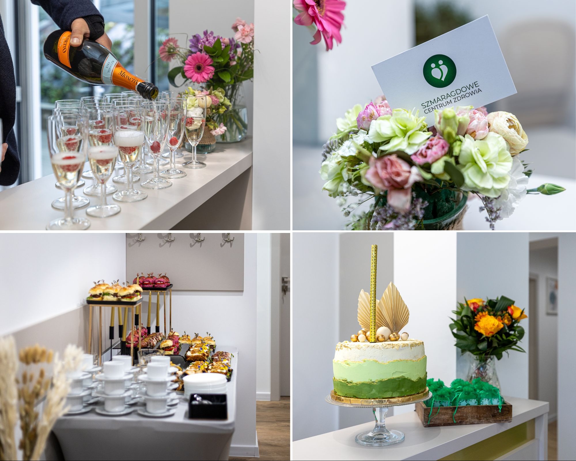 Kolaż: szampan nalewany do kieliszków z malinami, bukiety kwiatów, przekąski i tort. Catering na imprezie firmowej.