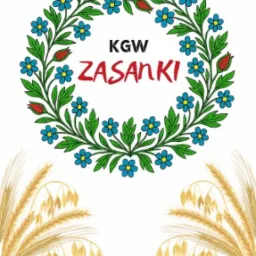 Ilustracja z wieńcem z niebieskich kwiatów, napisem 'KGW ZASANKI', koszem warzyw i pieczywa oraz kłosami zboża.  Grafika w żywych kolorach.