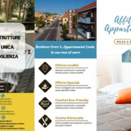 Broszura reklamowa apartamentów Residence Greco & Appartamenti Linda w Nozdrzec. Oferta wakacji: komfortowe pokoje, klimatyzacja, wyposażona kuchnia i specjalne zniżki.