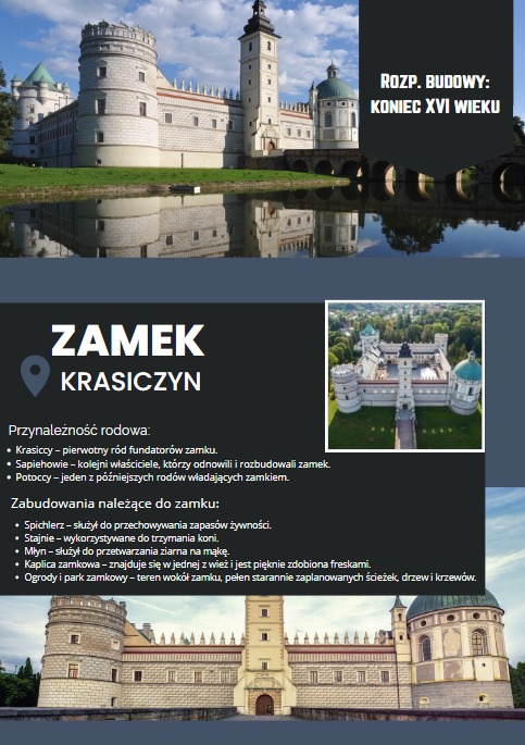 Grafika informacyjna o Zamku w Krasiczynie: zdjęcia zamku z różnych perspektyw, informacje o historii i zabudowaniach. Tekst czytelny, estetyczny układ.
