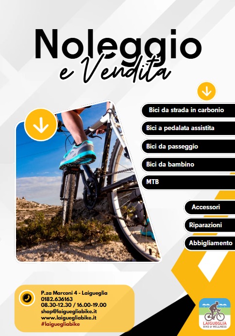 Plakat reklamowy wypożyczalni i sprzedaży rowerów: zbliżenie na rowerzystę w terenie, oferta rowerów (szosowe, elektryczne, miejskie, dziecięce, MTB), akcesoria, naprawy, odzież.