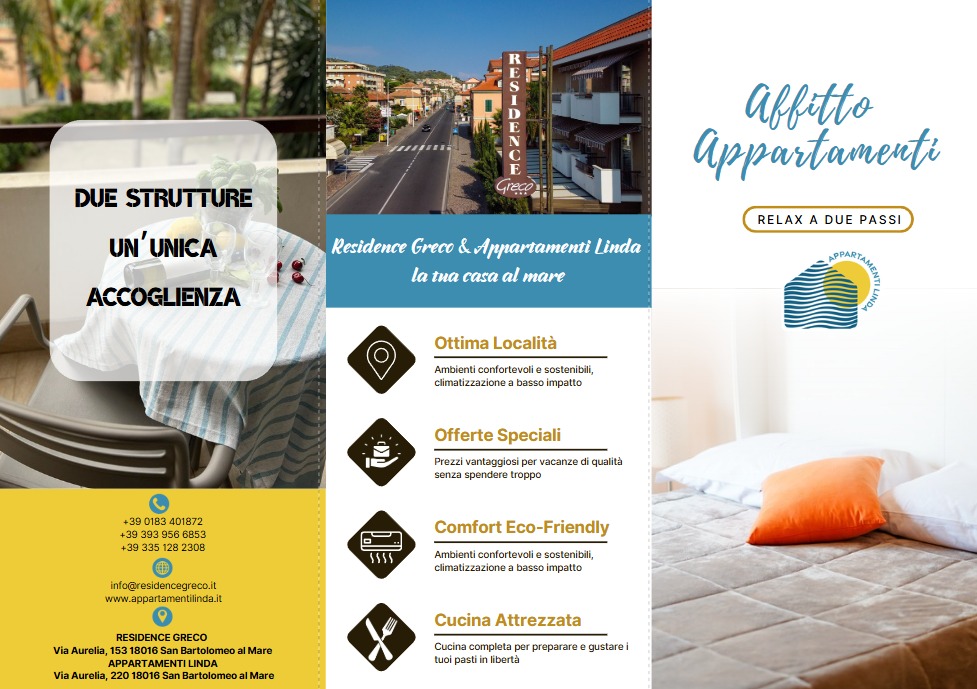 Broszura reklamowa apartamentów Residence Greco & Appartamenti Linda w Nozdrzec. Oferta wakacji: komfortowe pokoje, klimatyzacja, wyposażona kuchnia i specjalne zniżki.