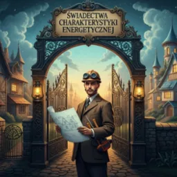 Architekt w steampunkowym stylu prezentuje plan domu z panelami słonecznymi na tle dekoracyjnego portalu z napisem 'Świadectwa Charakterystyki Energetycznej'.