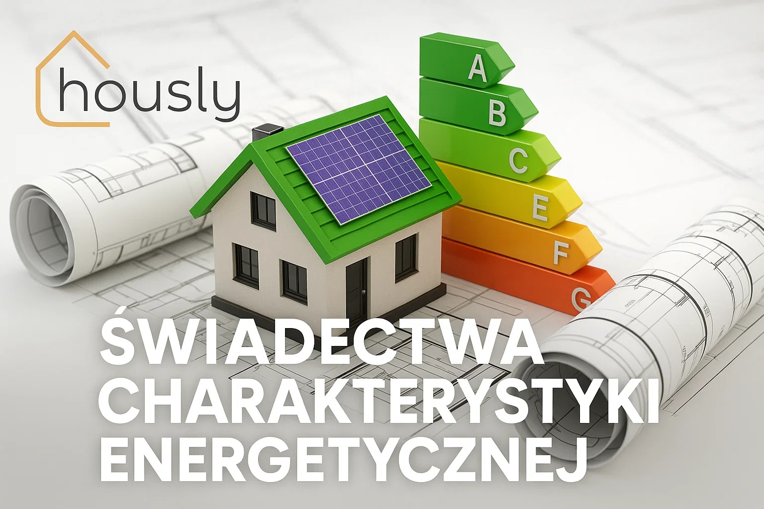 Model domu z panelem solarnym i wykresem efektywności energetycznej na tle planów architektonicznych. Wizualizacja świadectwa energetycznego.