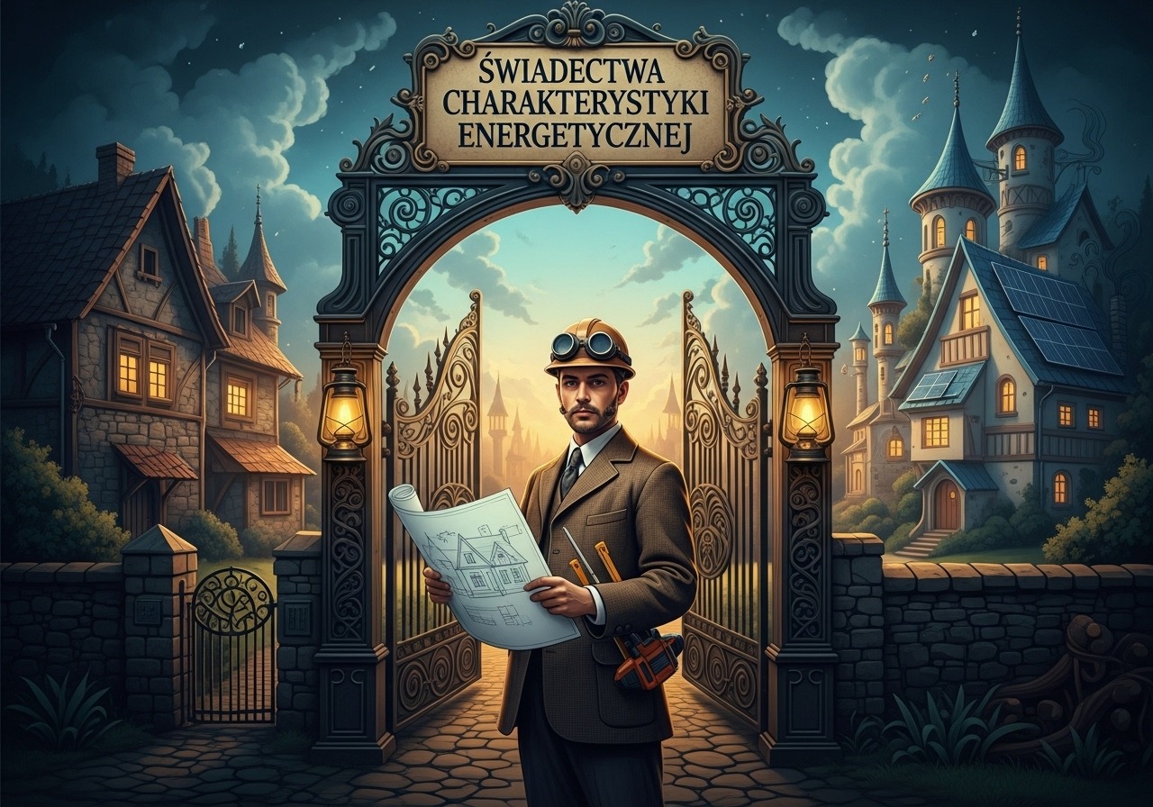 Architekt w steampunkowym stylu prezentuje plan domu z panelami słonecznymi na tle dekoracyjnego portalu z napisem 'Świadectwa Charakterystyki Energetycznej'.